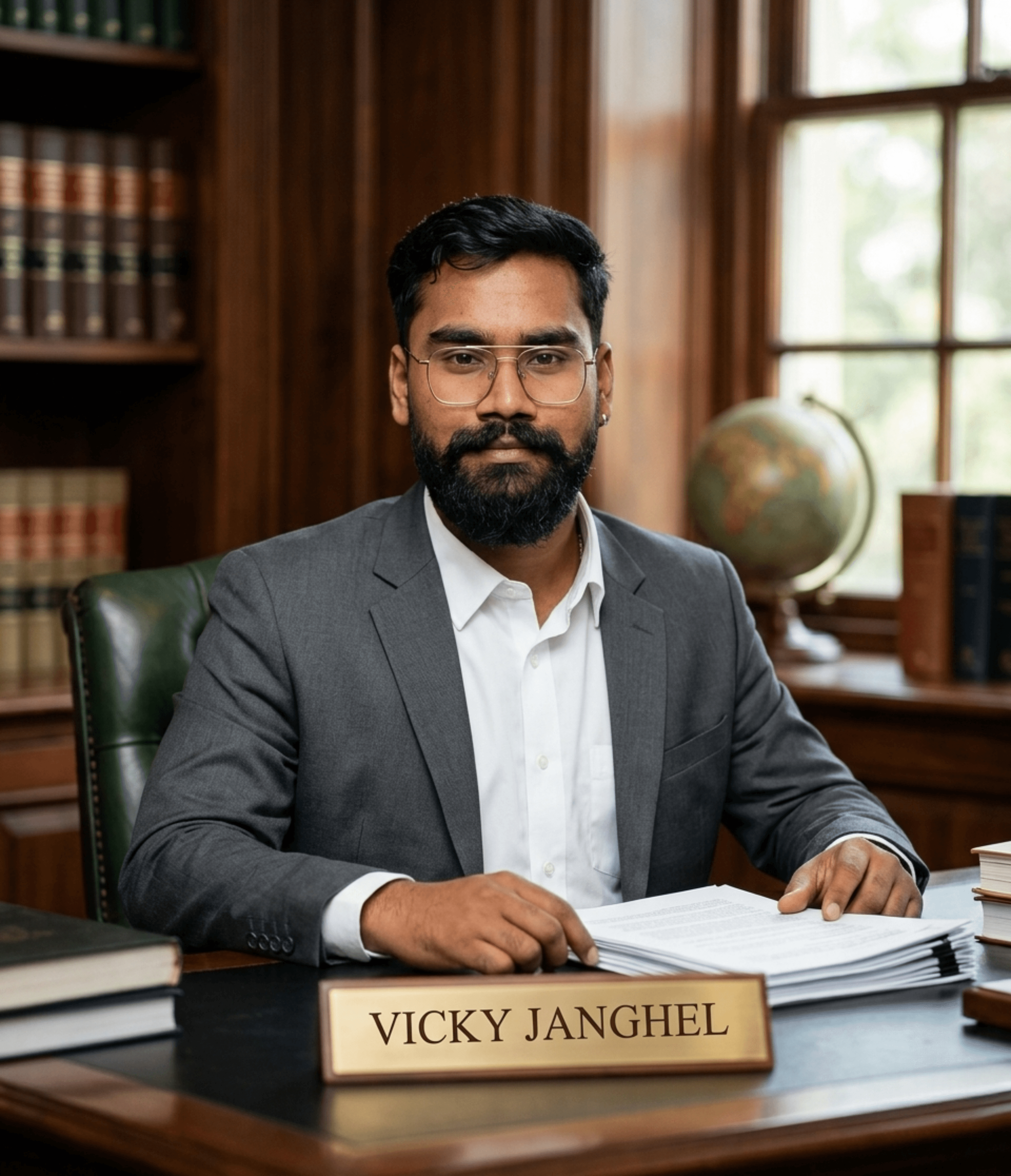 Adv. Vicky Janghel at his office desk